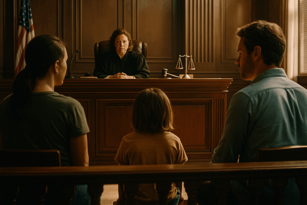 A courtroom setting where a judge is presiding over a child custody case.