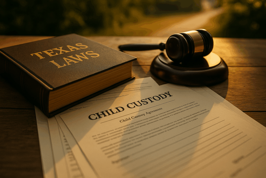 A depiction of Texas laws related to child custody, showcasing a gavel and legal documents.
