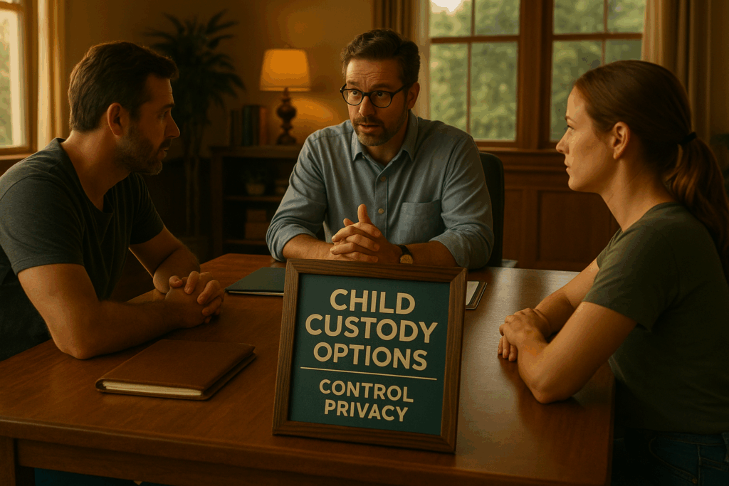A family discussing child custody options in a mediation environment, emphasizing control and privacy.