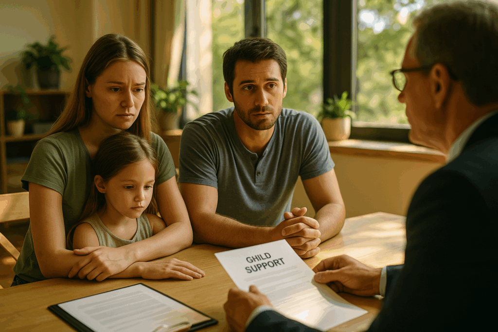 A family discussing child support options with a blurred attorney in the background.