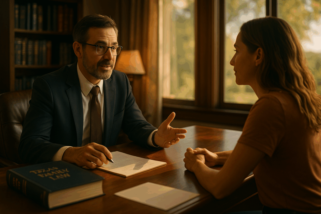 A family law attorney discussing Texas child custody law with a client. How Do Local Texas Child Custody Attorneys Differ From National Firms in Expertise and Services