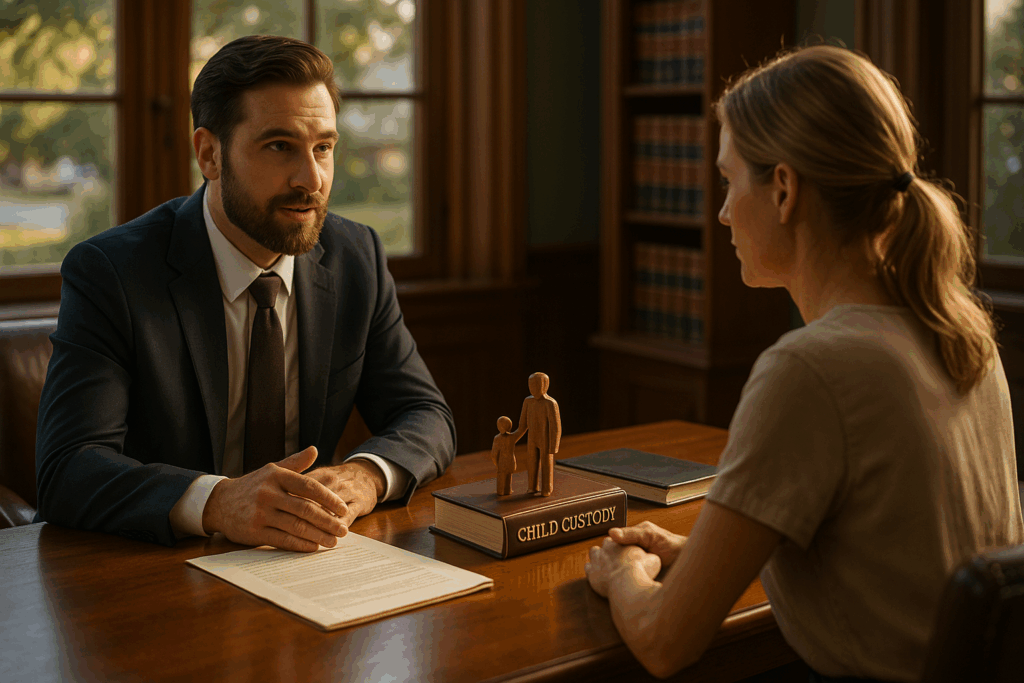A family lawyer discussing child custody arrangements with a client, highlighting the importance of client outcomes in custody cases. How Do Previous Client Outcomes Reflect the Effectiveness of Texas Child Custody Lawyers