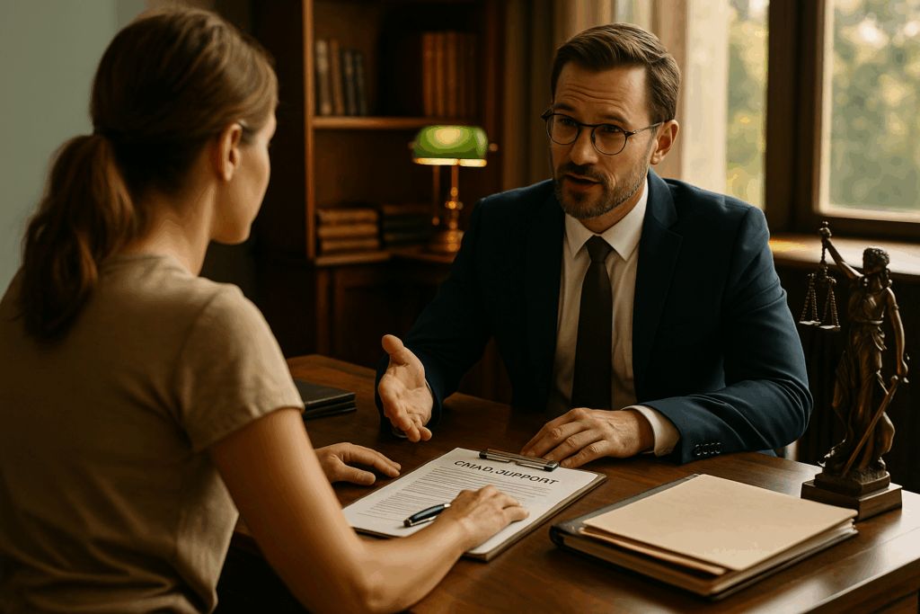 A family lawyer explaining child support scenarios to a client.