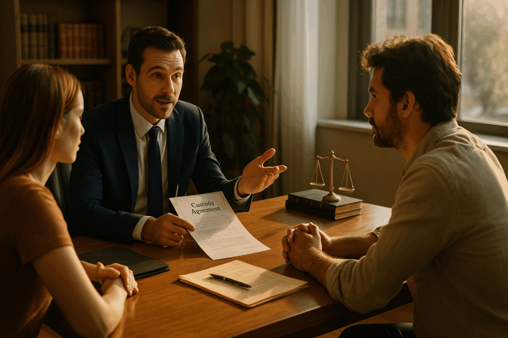 A legal strategy meeting between a family lawyer and clients regarding custody arrangements. What Questions Should I Ask During My Initial Consultation With a Custody Attorney