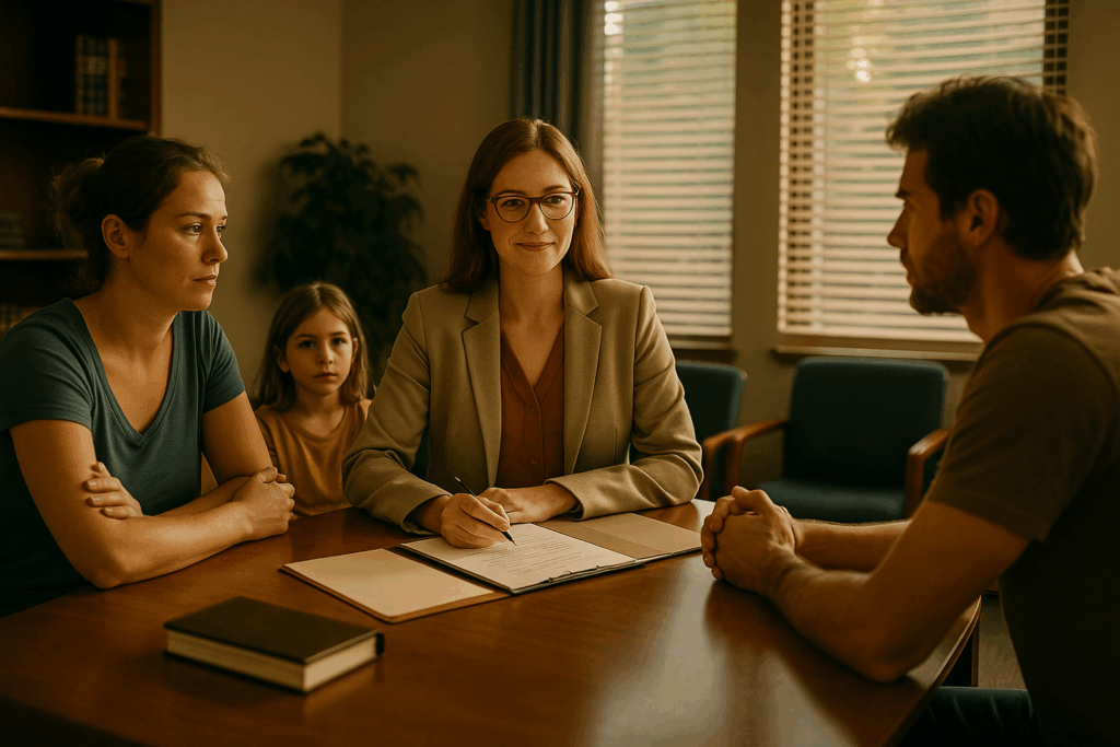 A mediator facilitating a child custody mediation session.