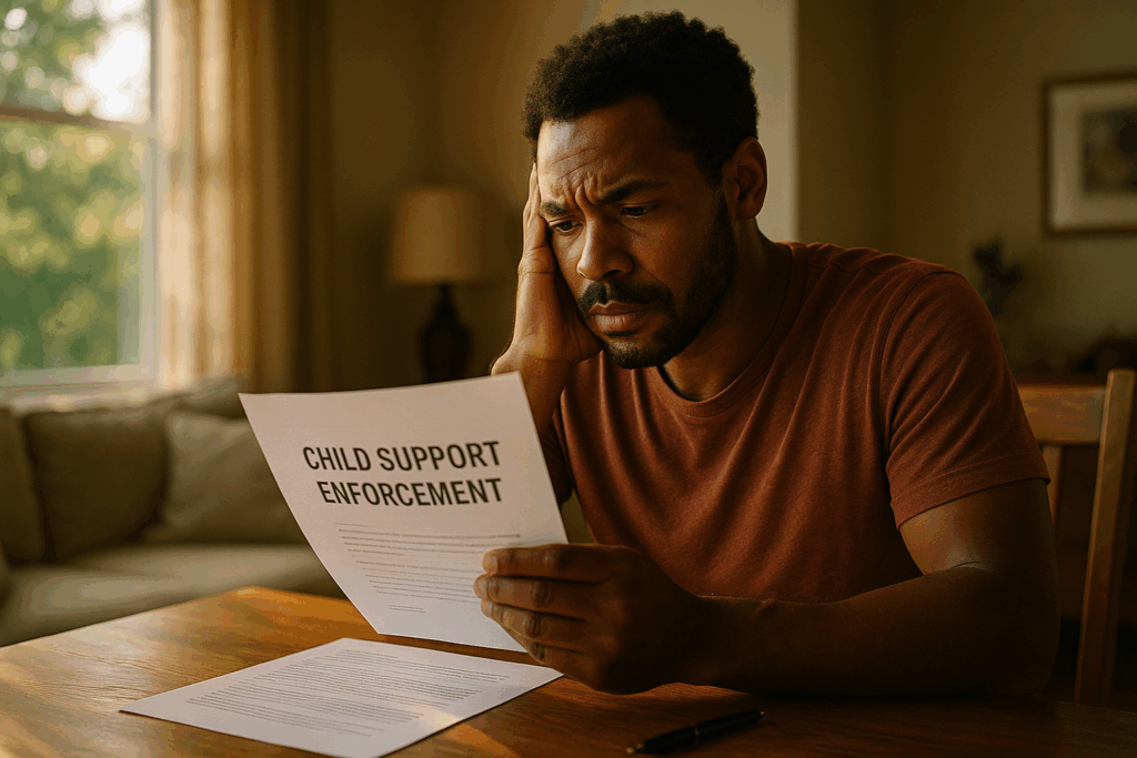 A parent looking concerned while reviewing child support enforcement documents.