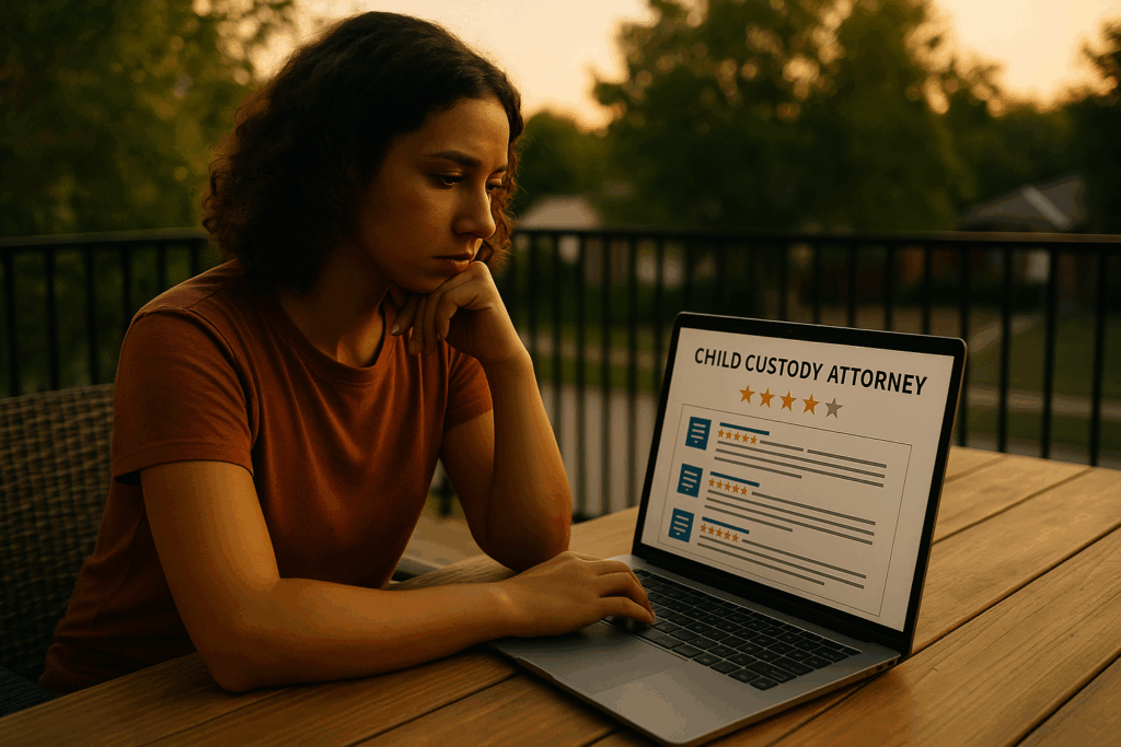 A person reading online reviews to select a child custody attorney. How Do Client Reviews Influence the Selection of a Child Custody Lawyer in Texas