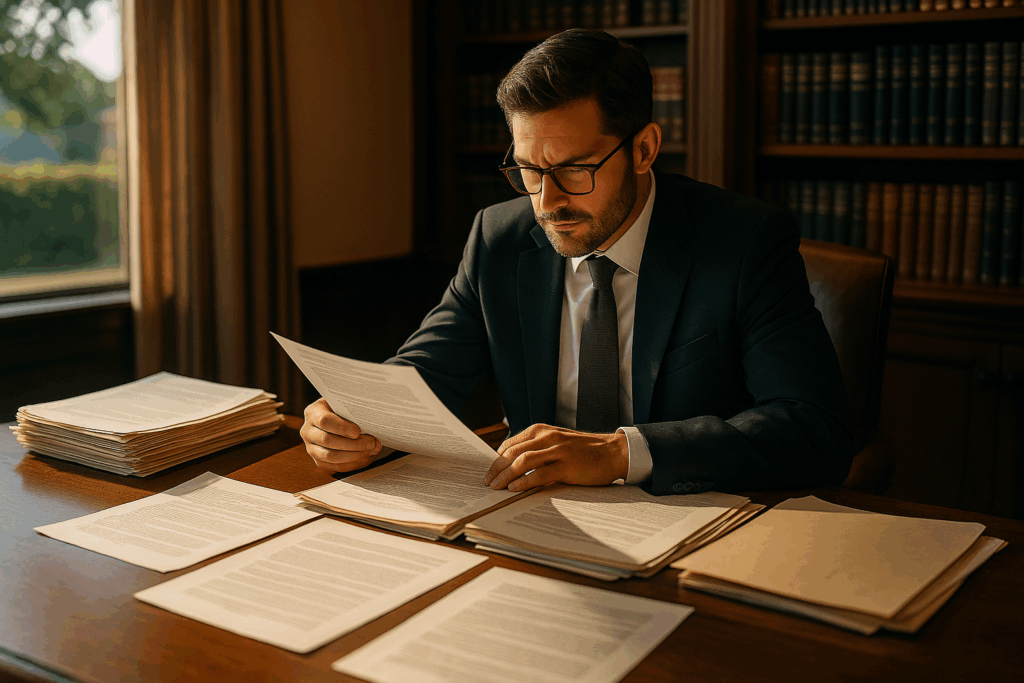 An attorney reviewing complex legal documents related to high-conflict child custody cases.