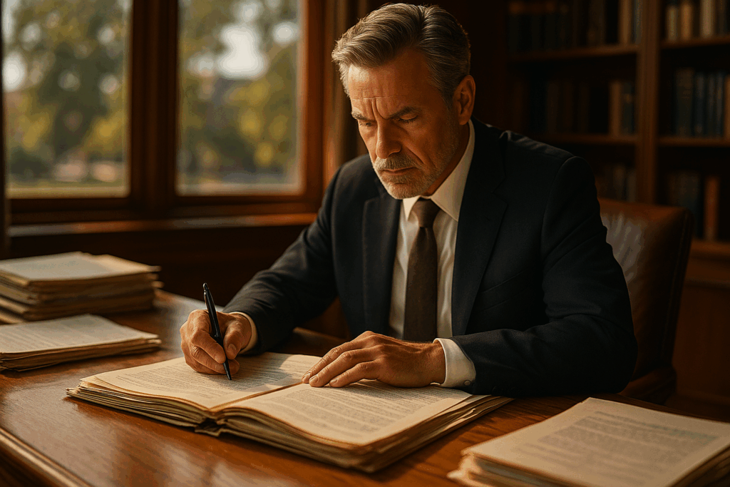 An experienced attorney reviewing complex custody case files.