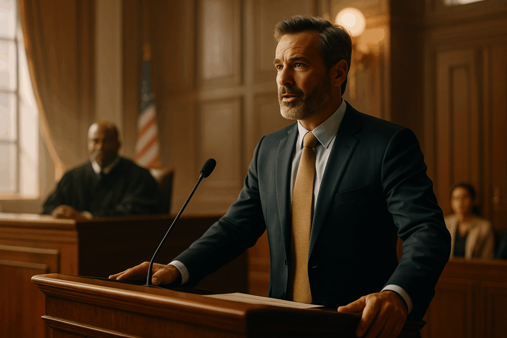 An experienced child custody lawyer confidently presenting a case in court.