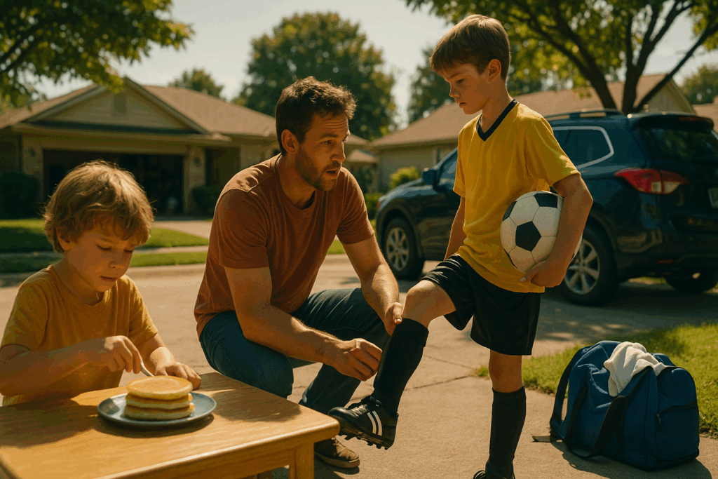 Father helping his son with soccer cleats while another child eats pancakes outside a suburban home, capturing the chaos and warmth of family life during custody transitions.