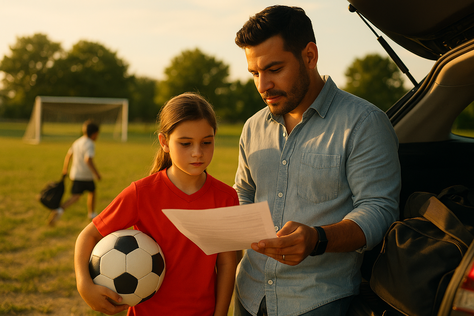 Father reviewing paperwork with daughter at soccer practice during sunset, symbolizing child support and family responsibilities in Texas.