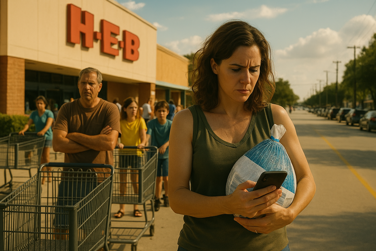 Woman holding frozen turkey and phone outside H-E-B, visibly stressed in line, representing real-life tension during a child custody dispute.