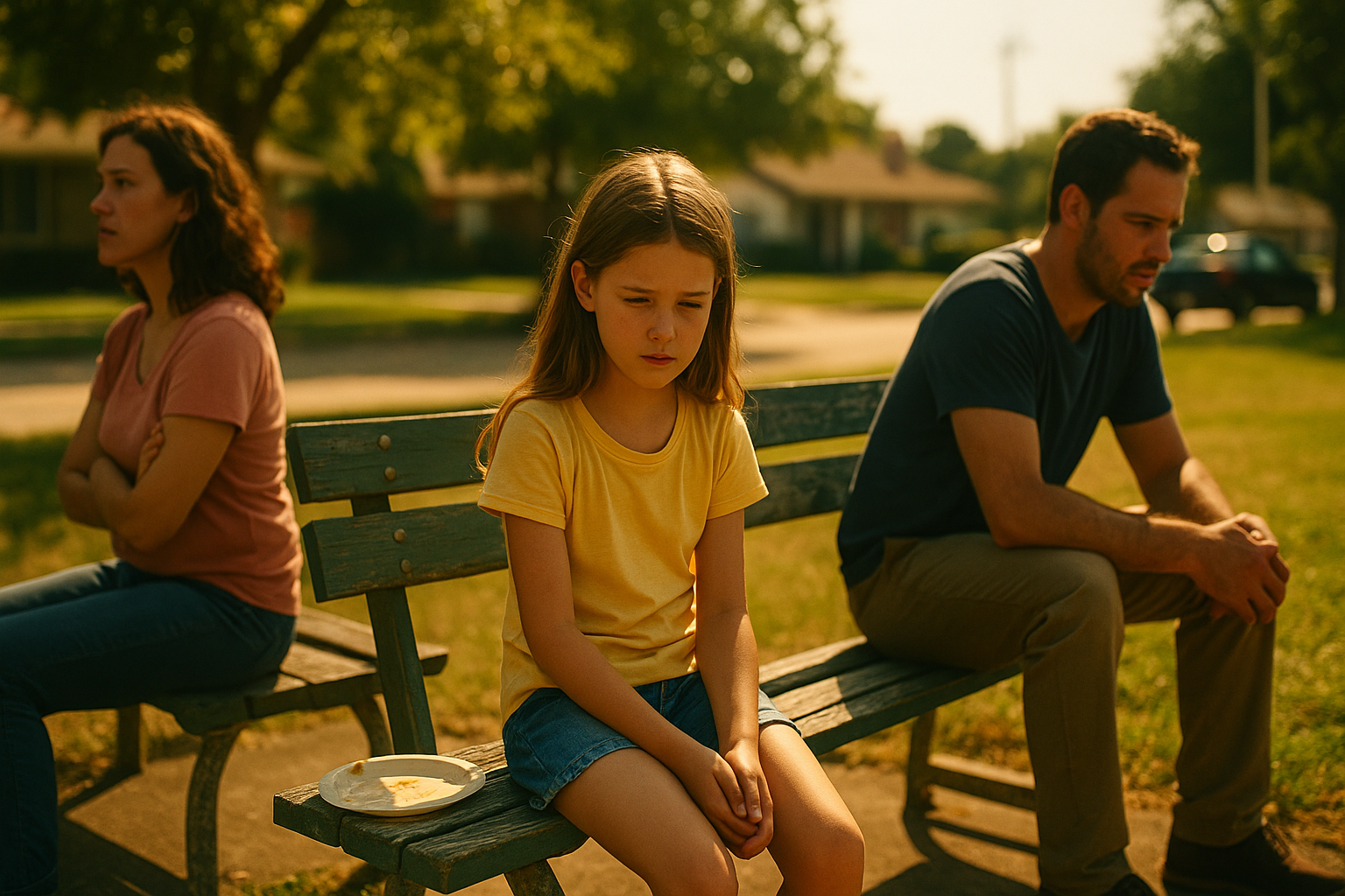 Three family members—two adults and a child—sit tensely on a park bench during a summer evening, symbolizing co-parenting tension.