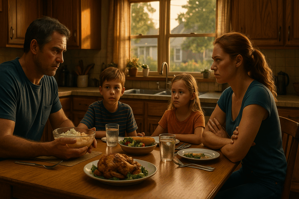 A tense co-parenting moment at a family dinner table, symbolizing the emotional challenges of child custody mediation vs. litigation.