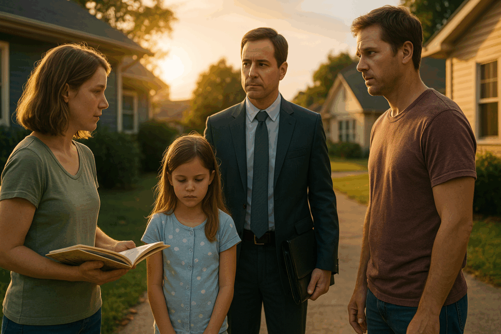 A custody evaluator stands between two separated parents and their child outside suburban homes at sunset, capturing emotional tension and family complexity.