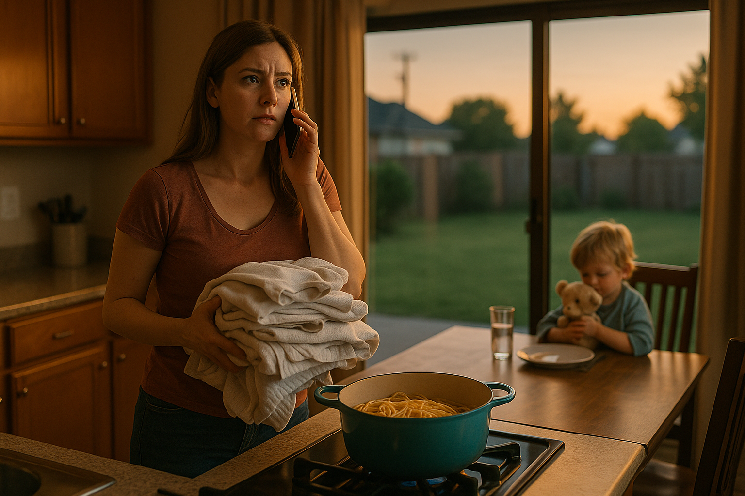 A stressed mother in a Houston kitchen at sunset talks on the phone while holding laundry, as her young child hugs a stuffed animal at the dinner table—capturing the emotional weight of trying to find child support attorney in Texas during everyday life.