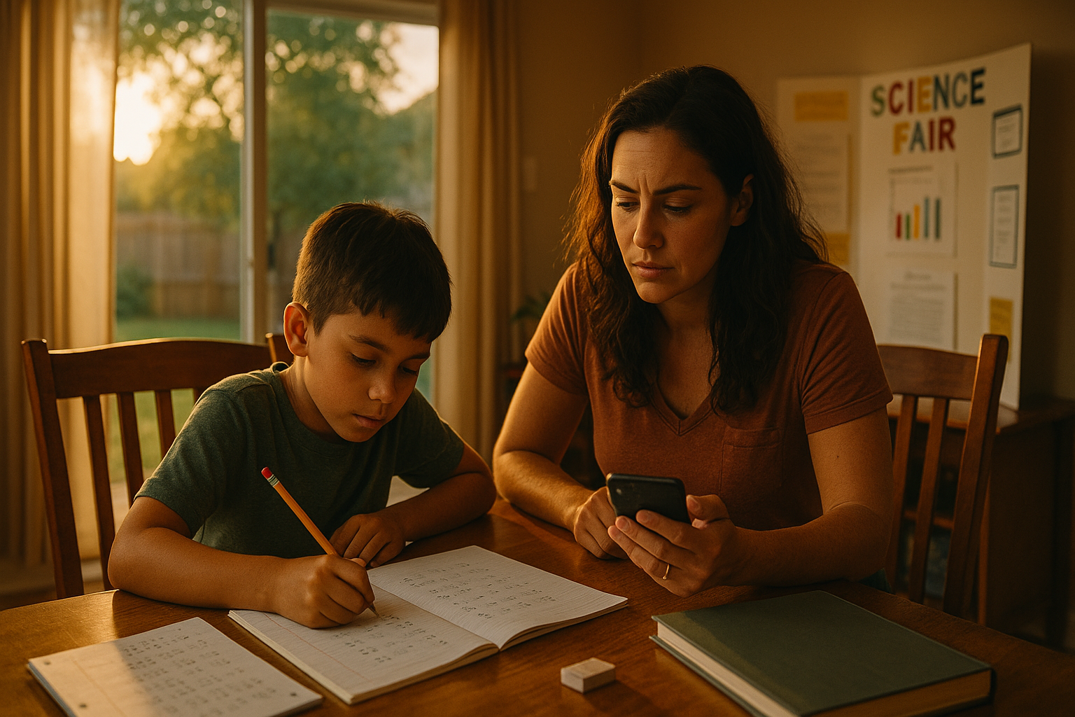 Mother helps son with math homework at dining table while checking phone, science fair project in background, summer sunset outside.