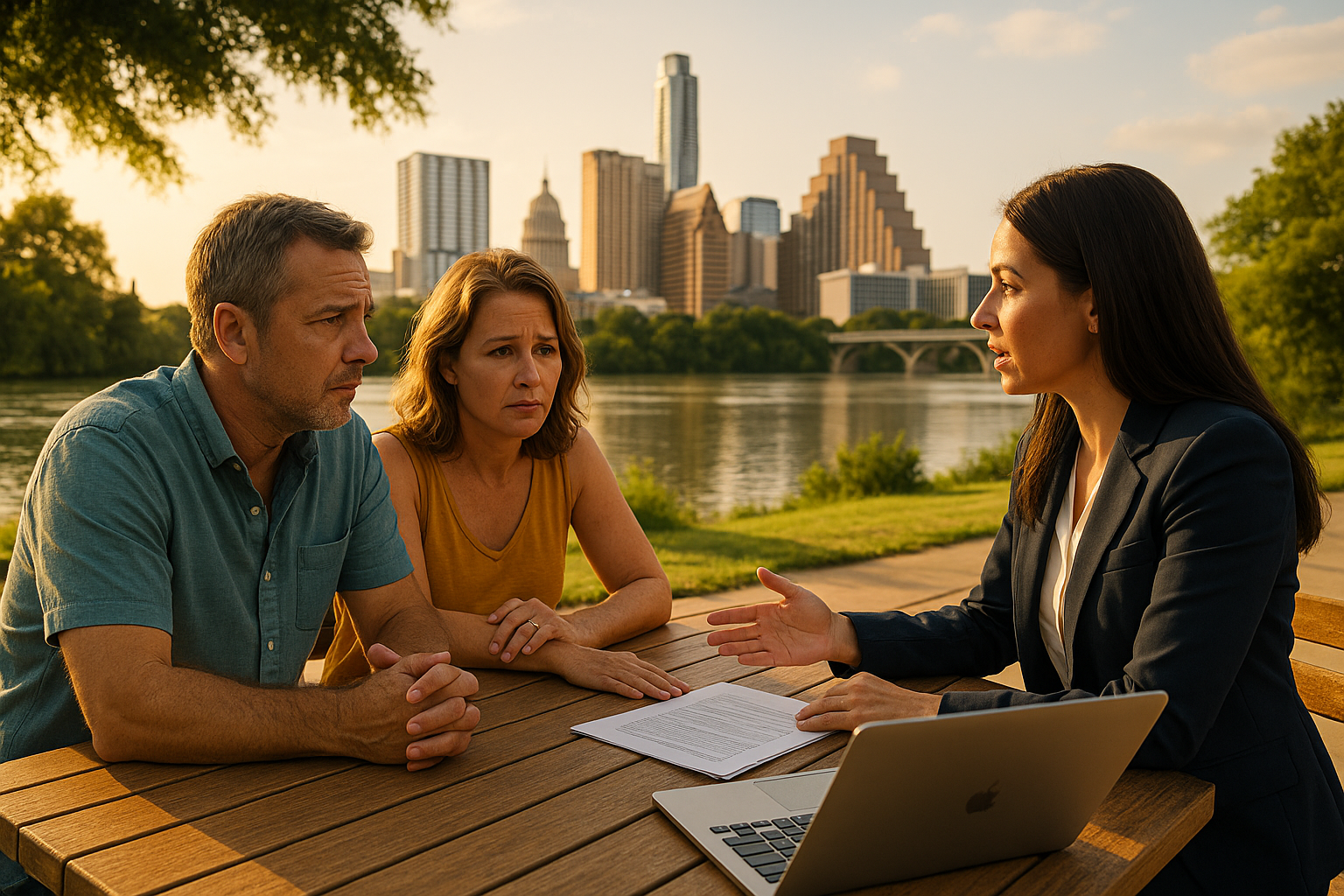 Couple meeting with a family law attorney outdoors in Austin, Texas, discussing child custody with city skyline in background
