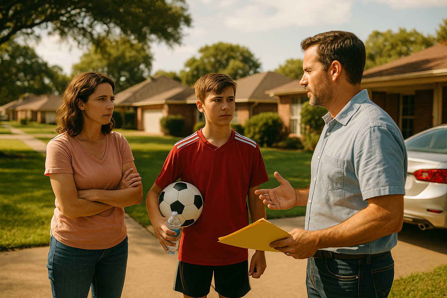 A mother, father, and teenage son stand outside a suburban Houston home, discussing weekend custody plans, symbolizing family law disputes.