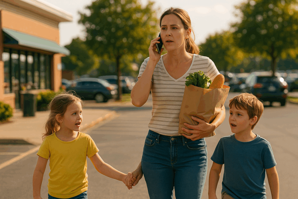 Parent juggling groceries, a phone call, and two young kids on a summer day, symbolizing the challenges of custody battles.