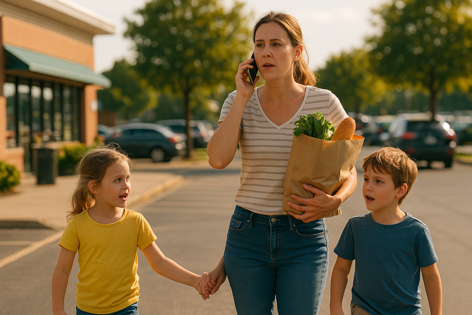 Parent juggling groceries, a phone call, and two young kids on a summer day, symbolizing the challenges of custody battles.