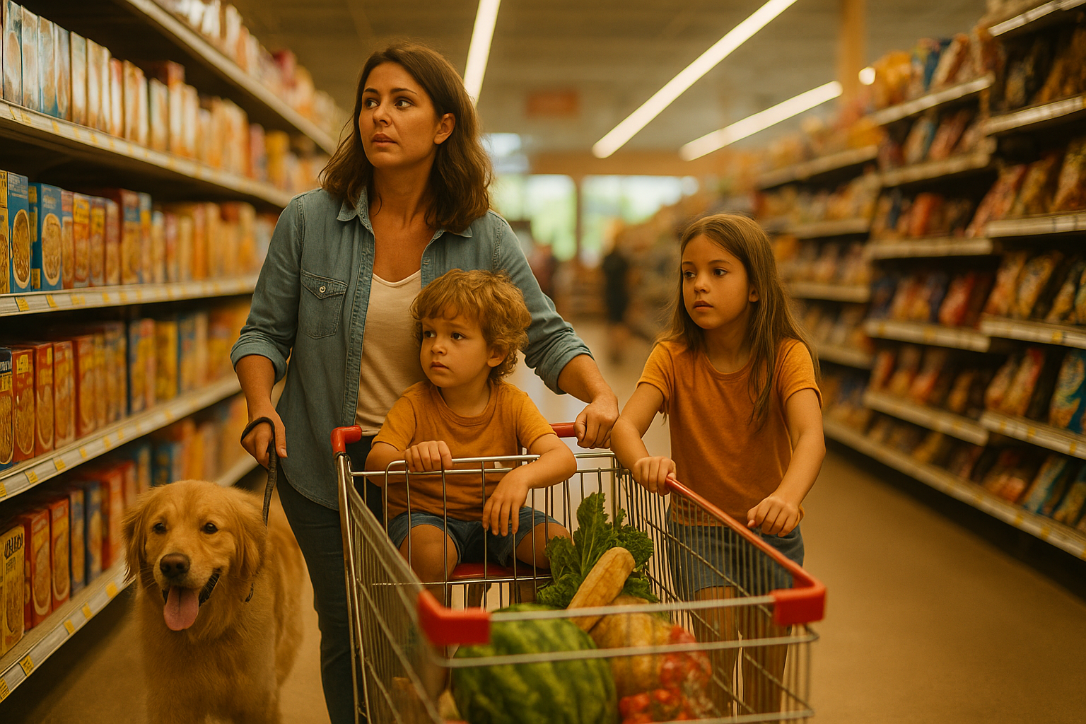 Parent wrangling two kids, a golden retriever, and a grocery cart in a busy grocery store cereal aisle, symbolizing the chaos of Texas custody cases.
