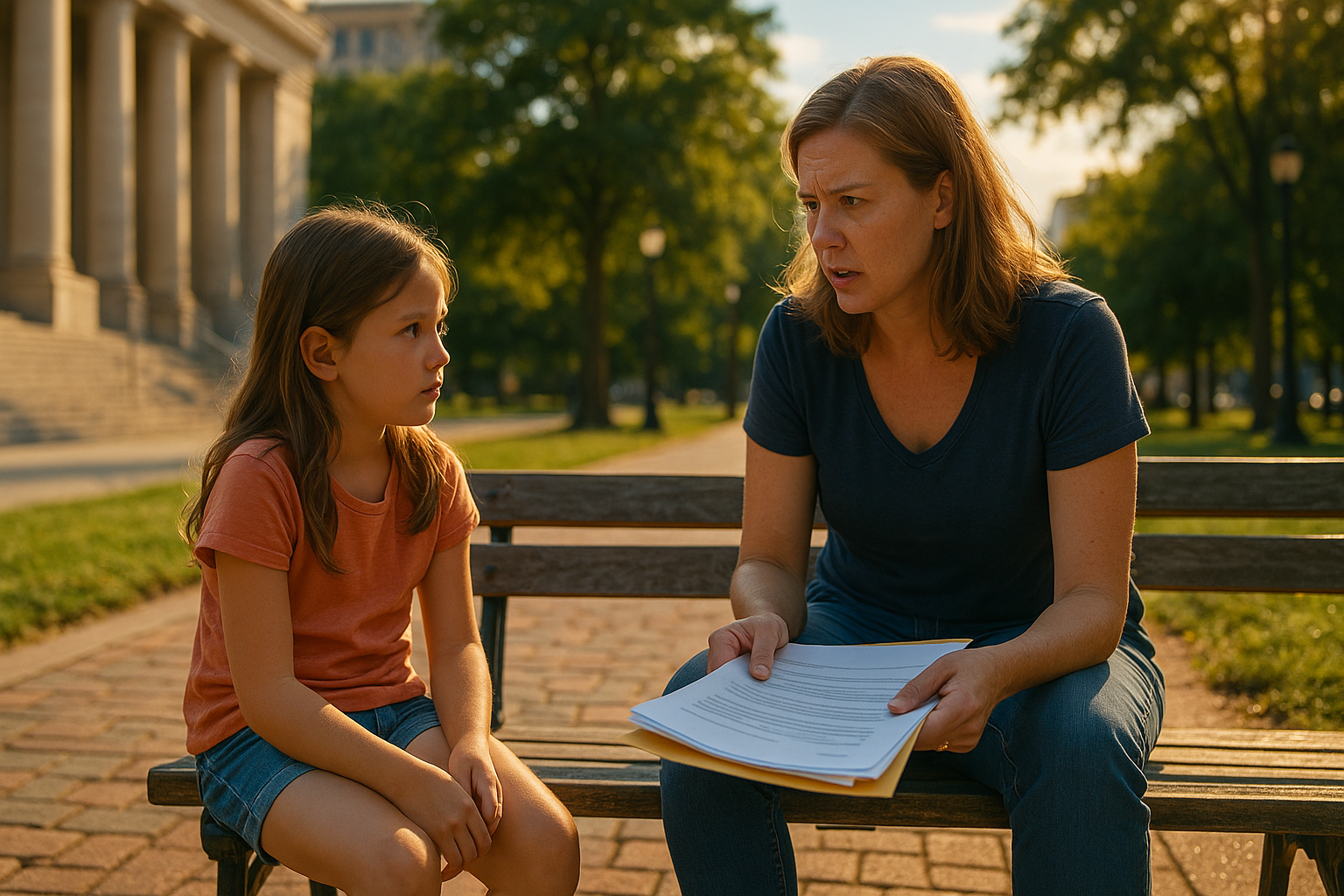 A concerned mother holding legal documents talks to her daughter on a park bench, representing the emotional and legal journey of Texas child custody cases.