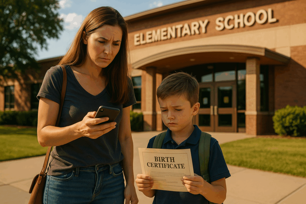 Mother and child outside a Texas elementary school looking worried over a missing birth certificate needed for school enrollment