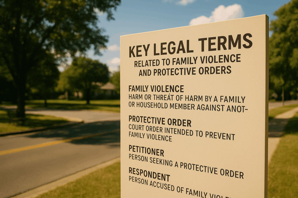 Key legal terms related to family violence and protective orders.