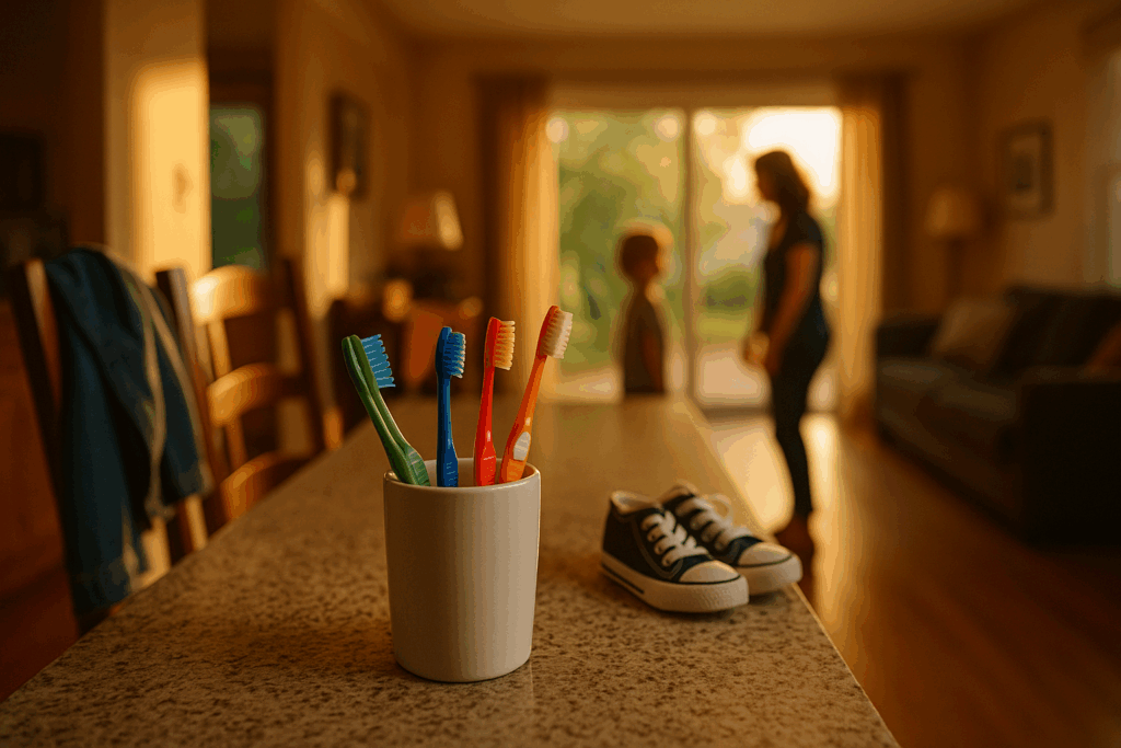 Toothbrushes in a cup with blurred mother and child in background during custody exchange, symbolizing co-parenting without legal clarity.