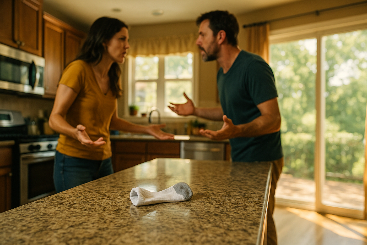A couple argues in a sunlit kitchen over a single sock left on the counter, symbolizing deeper tensions in a shared household during divorce.