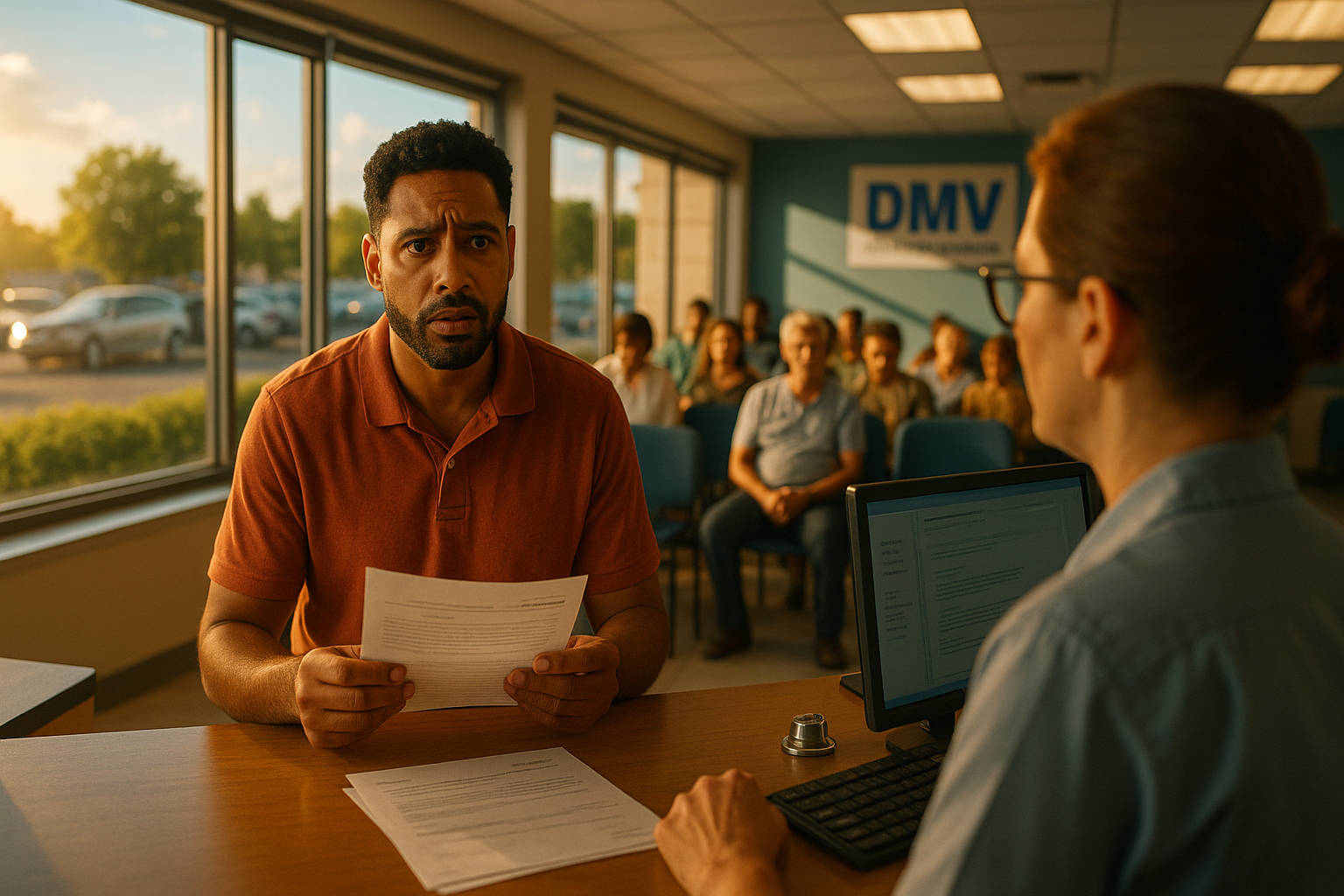Man at DMV counter holding paperwork as clerk explains missing birth certificate, illustrating the Texas Birth Certificate for Adults with No Record process.