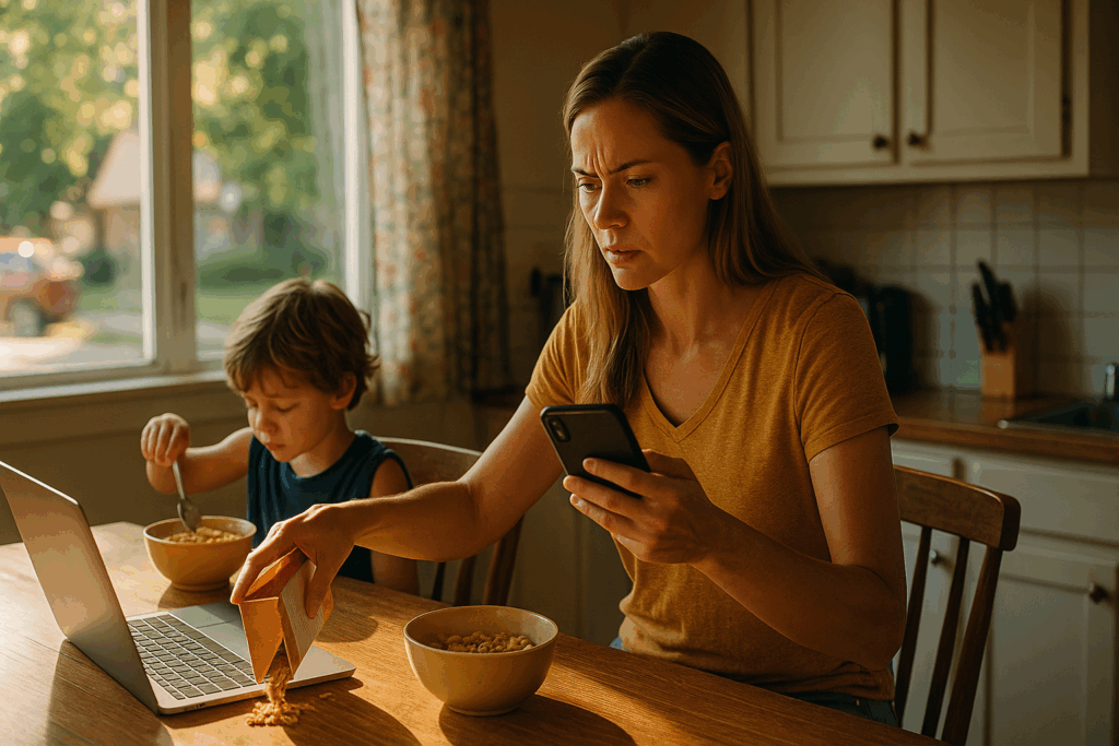 A concerned mother multitasking in a sunlit kitchen, pouring cereal while checking her phone, with her young son eating breakfast beside her.
