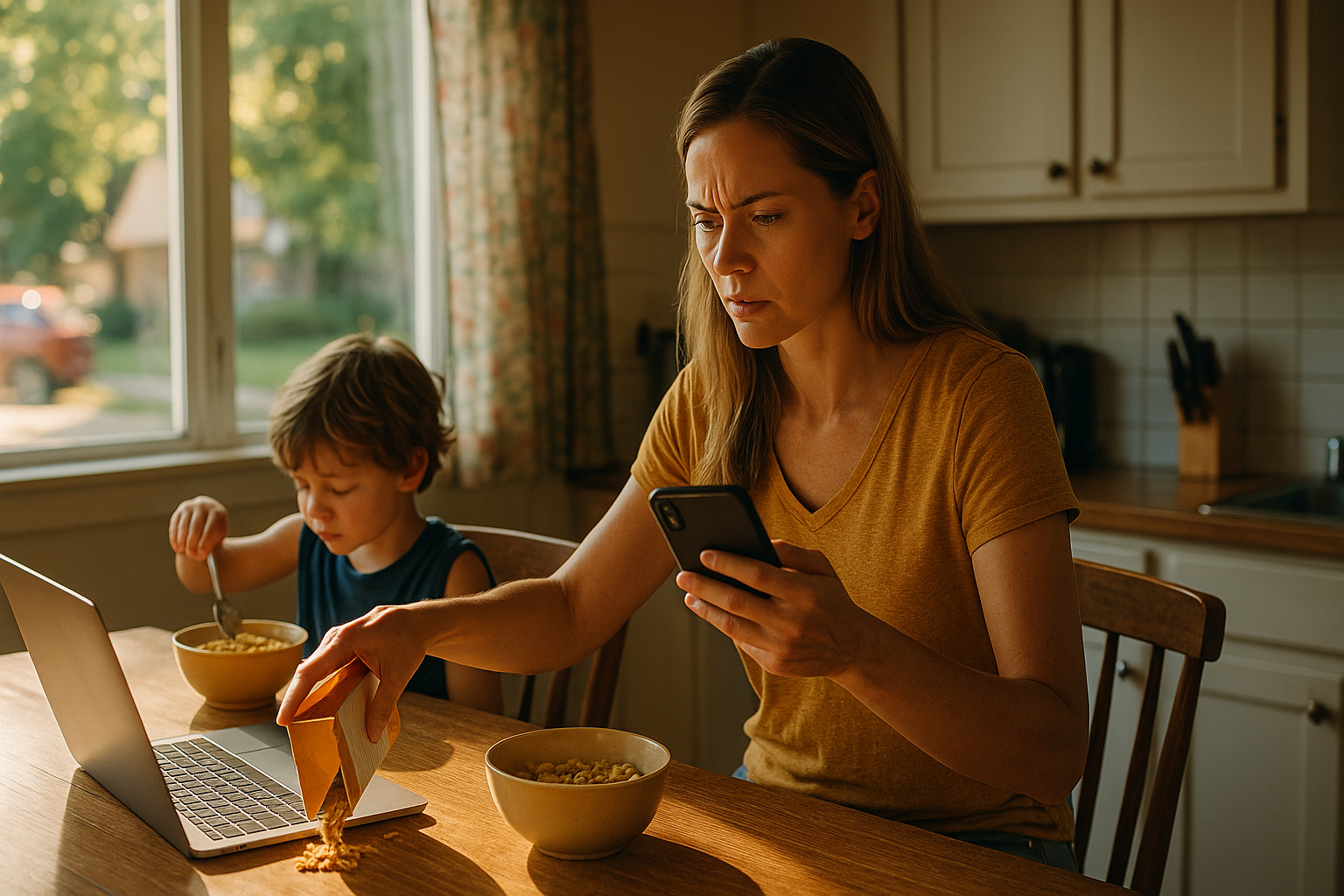 A concerned mother multitasking in a sunlit kitchen, pouring cereal while checking her phone, with her young son eating breakfast beside her.