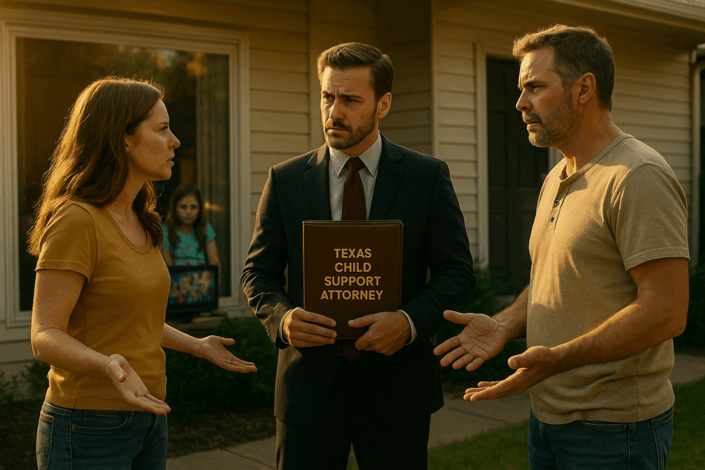 A Texas Child Support Attorney mediates between separated parents outdoors while children watch from the window, symbolizing legal guidance in family disputes.