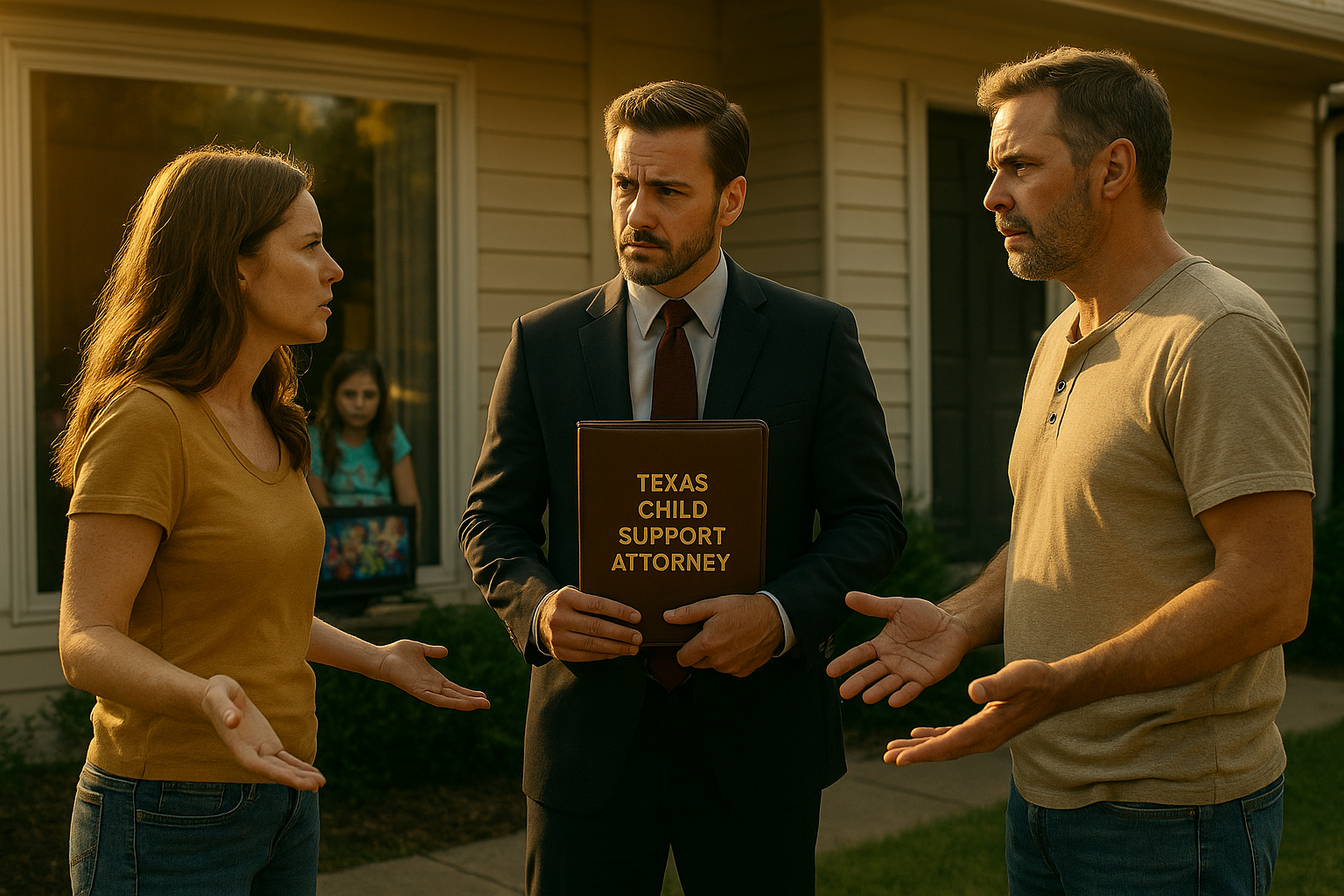 A Texas Child Support Attorney mediates between separated parents outdoors while children watch from the window, symbolizing legal guidance in family disputes.