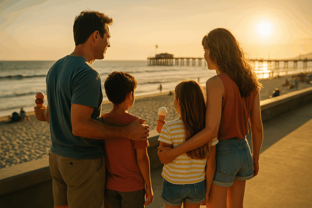 A family enjoying ice cream at the beach during sunset, symbolizing the financial challenges and adjustments families face, like updating child support orders.