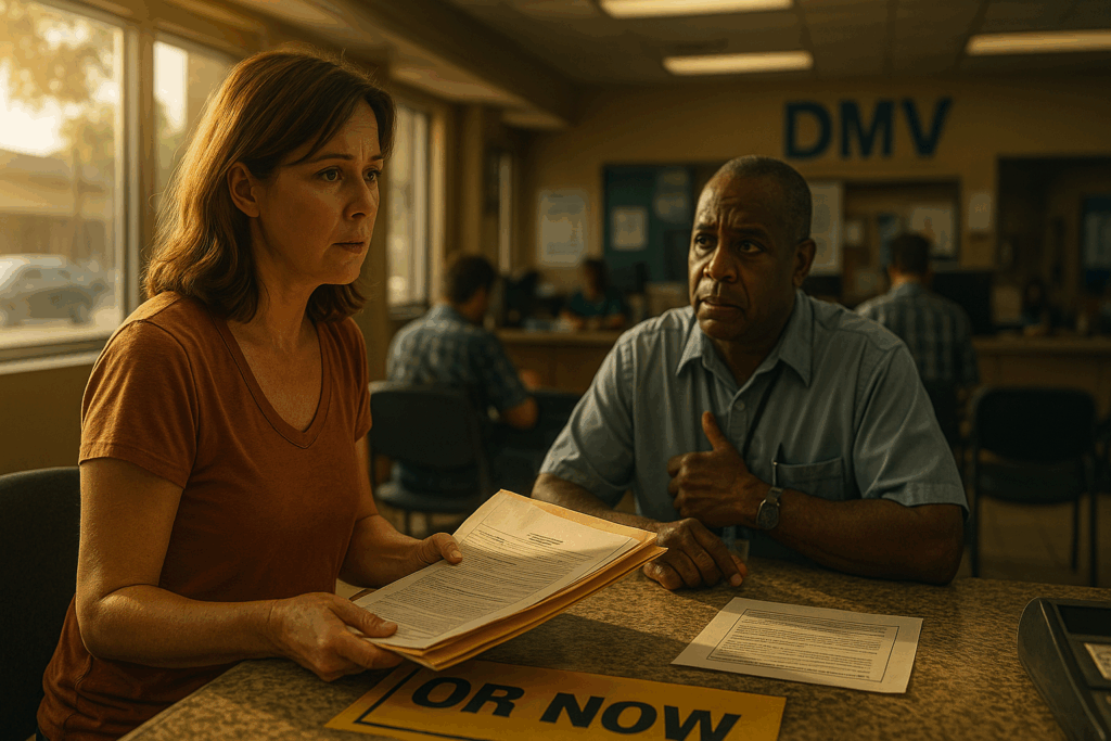 Photo-realistic wide-angle DMV scene with a clerk rejecting paperwork due to missing birth certificate, symbolizing the Texas Delayed Birth Certificate Legal Process.