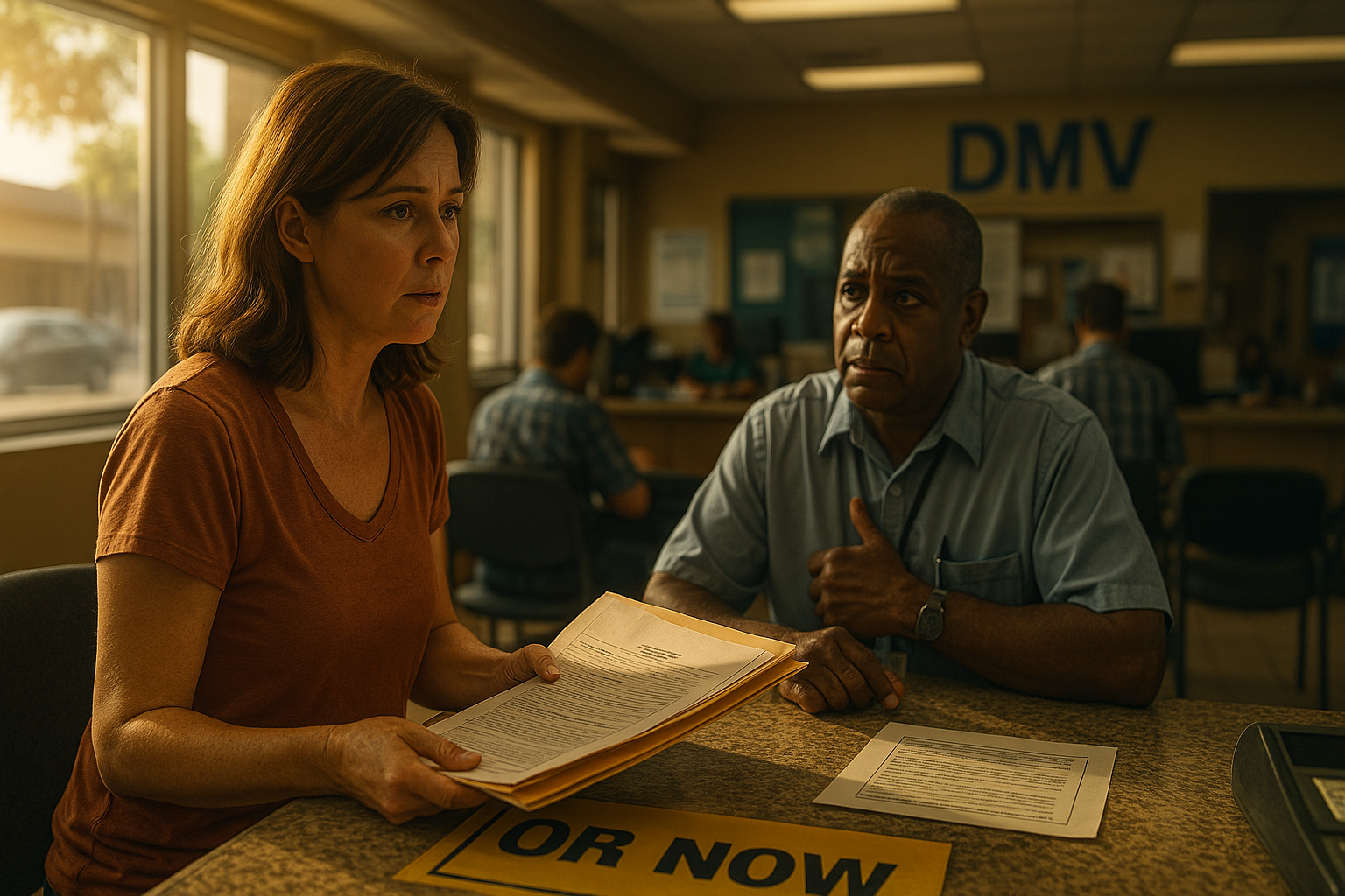 Photo-realistic wide-angle DMV scene with a clerk rejecting paperwork due to missing birth certificate, symbolizing the Texas Delayed Birth Certificate Legal Process.