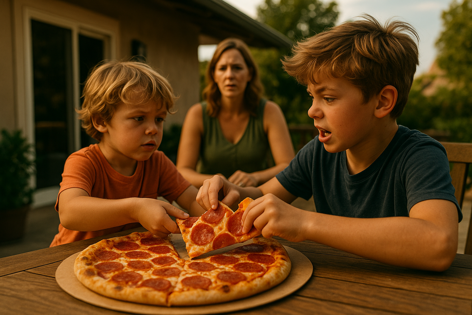 Two children argue over pizza slices while a parent looks on, symbolizing family disputes and the importance of Texas child support laws.