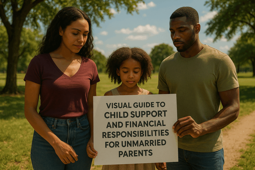 Visual guide to child support and financial responsibilities for unmarried parents.