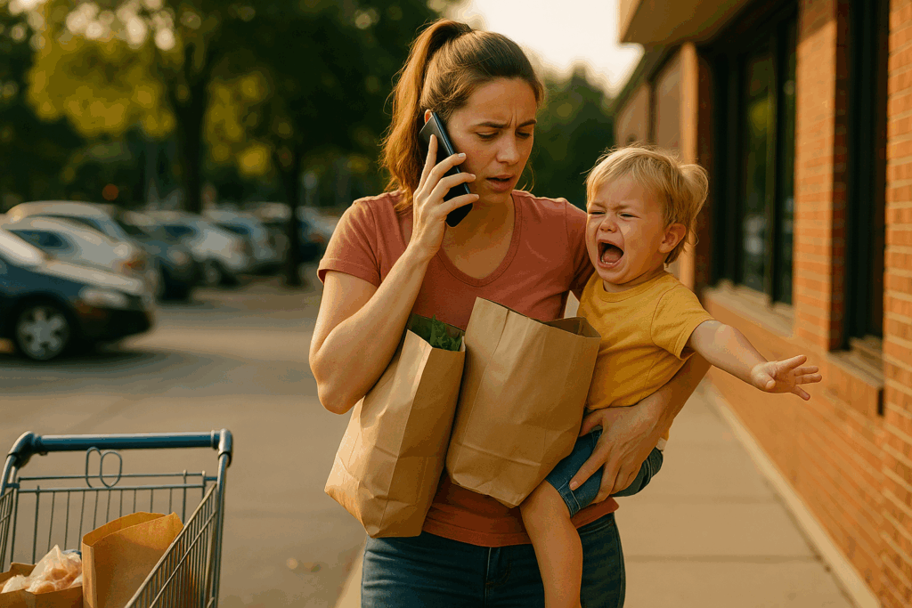 Parent juggling grocery bags, a crying toddler, and a phone call, symbolizing the stress of divorce and custody battles in Texas.
