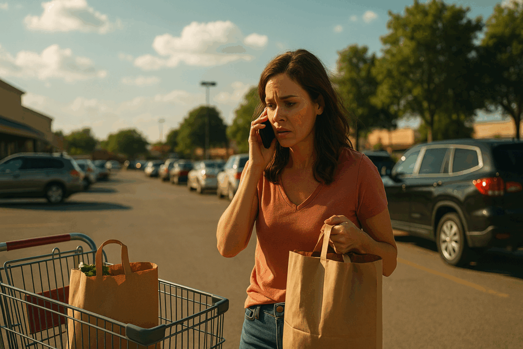 A concerned woman stands in a sunny grocery store parking lot, holding a phone to her ear and a paper grocery bag, appearing tense after receiving unexpected custody news.
