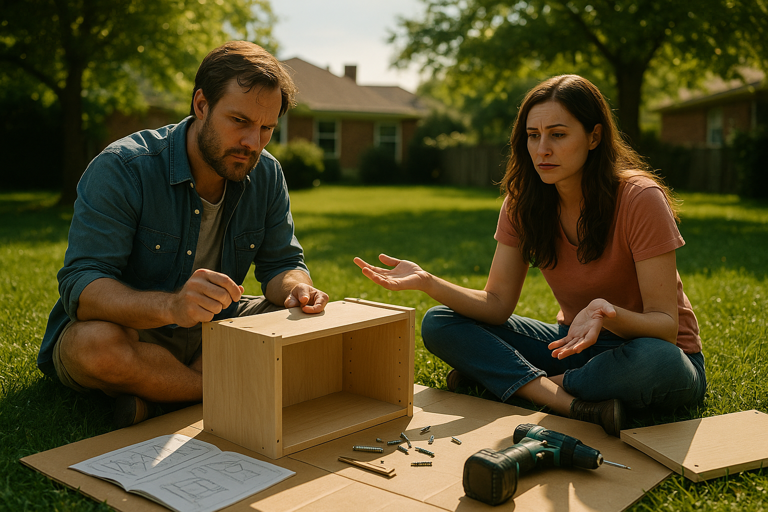 Couple assembling IKEA furniture outdoors with frustration, symbolizing the chaos and stress of Texas child custody battles.