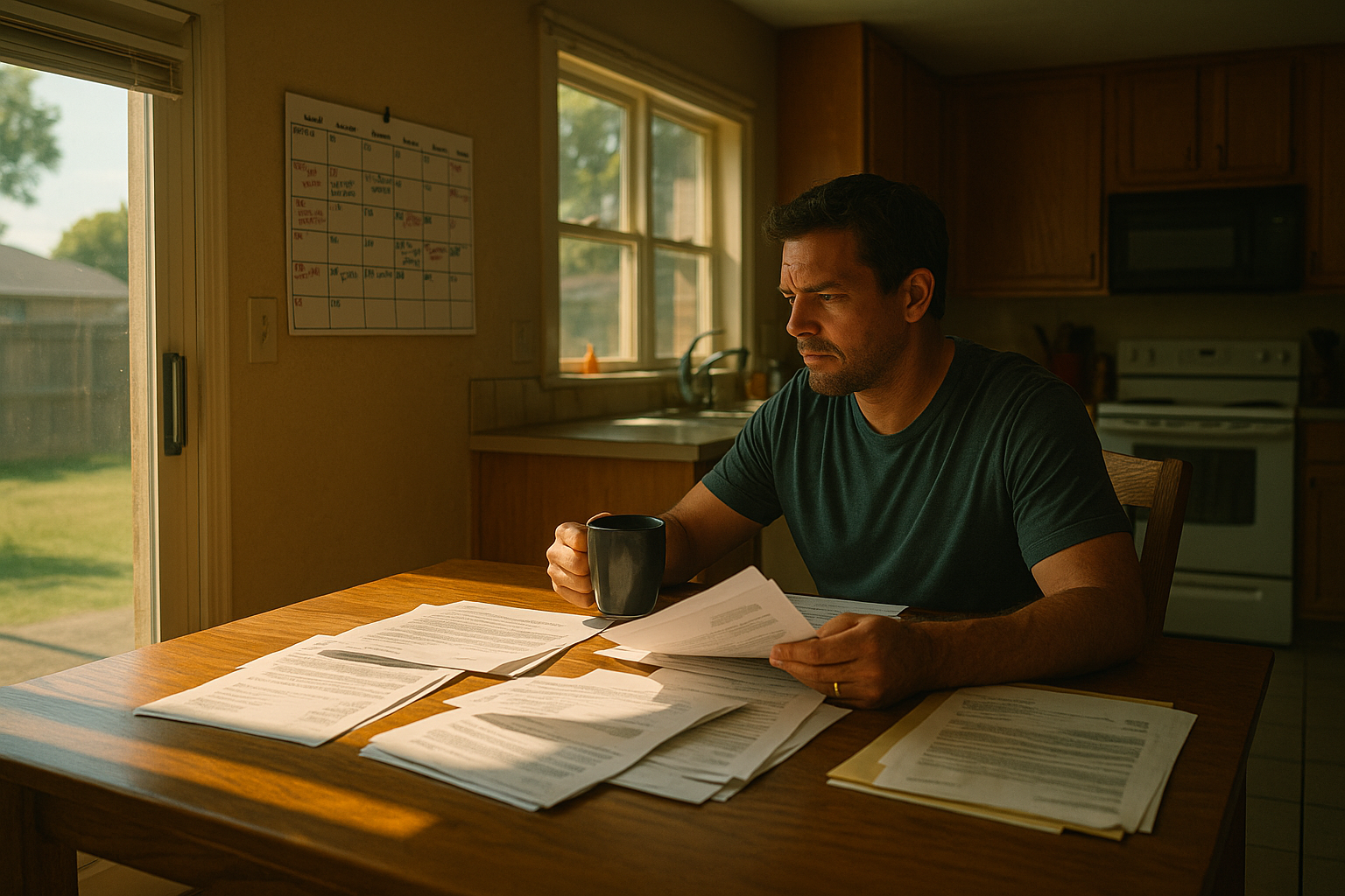 Man reviewing custody paperwork at a kitchen table on a summer morning in Houston, with a color-coded calendar in the background.