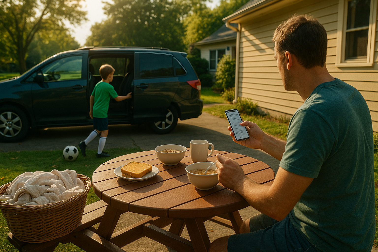 Parent multitasking on a Saturday morning, checking phone while child heads to soccer, reflecting real-life custody challenges