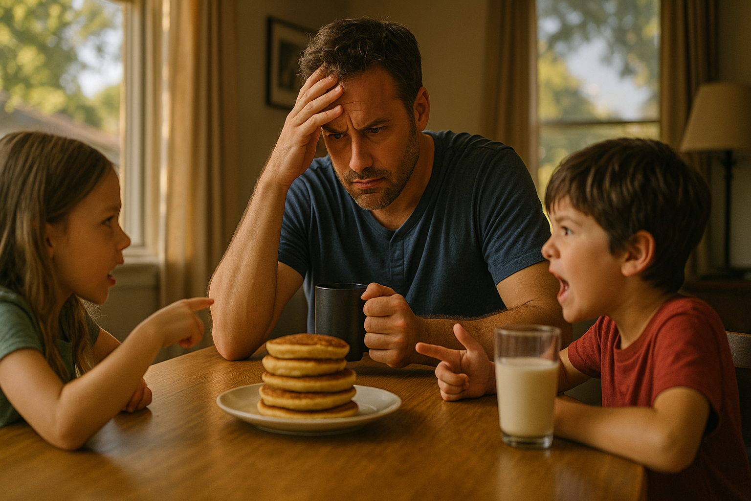 Father at breakfast table with children arguing over pancakes, symbolizing stress and family tension during Texas child custody disputes