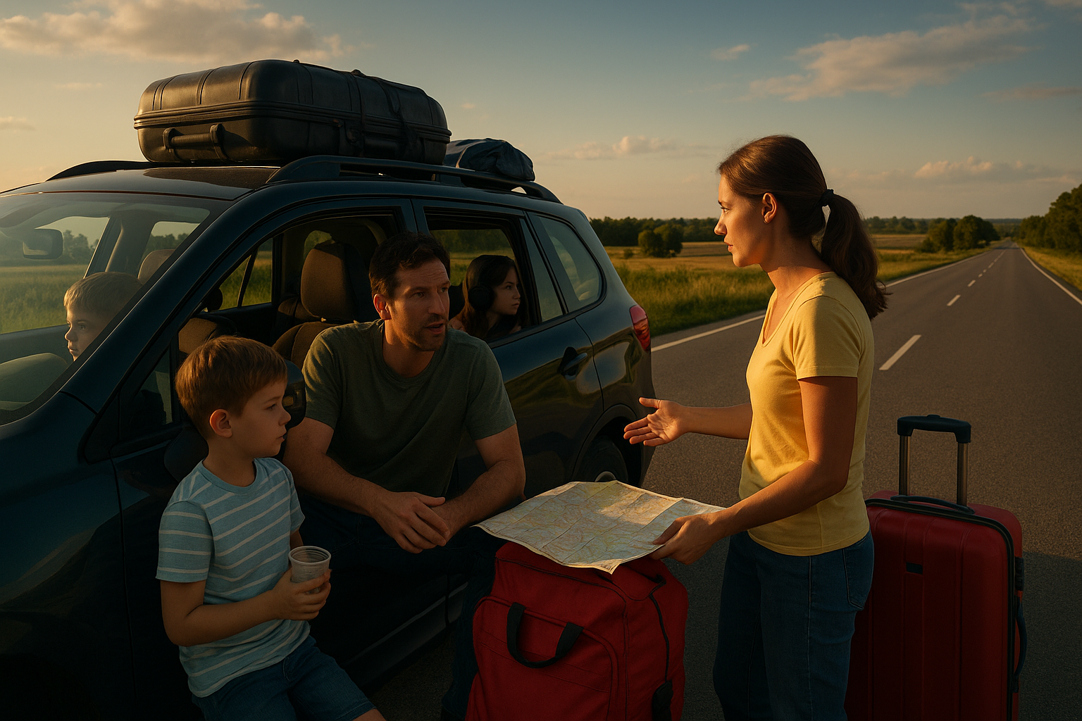 Family standing by their car on a summer road trip, debating over directions and planning together, symbolizing custody decisions