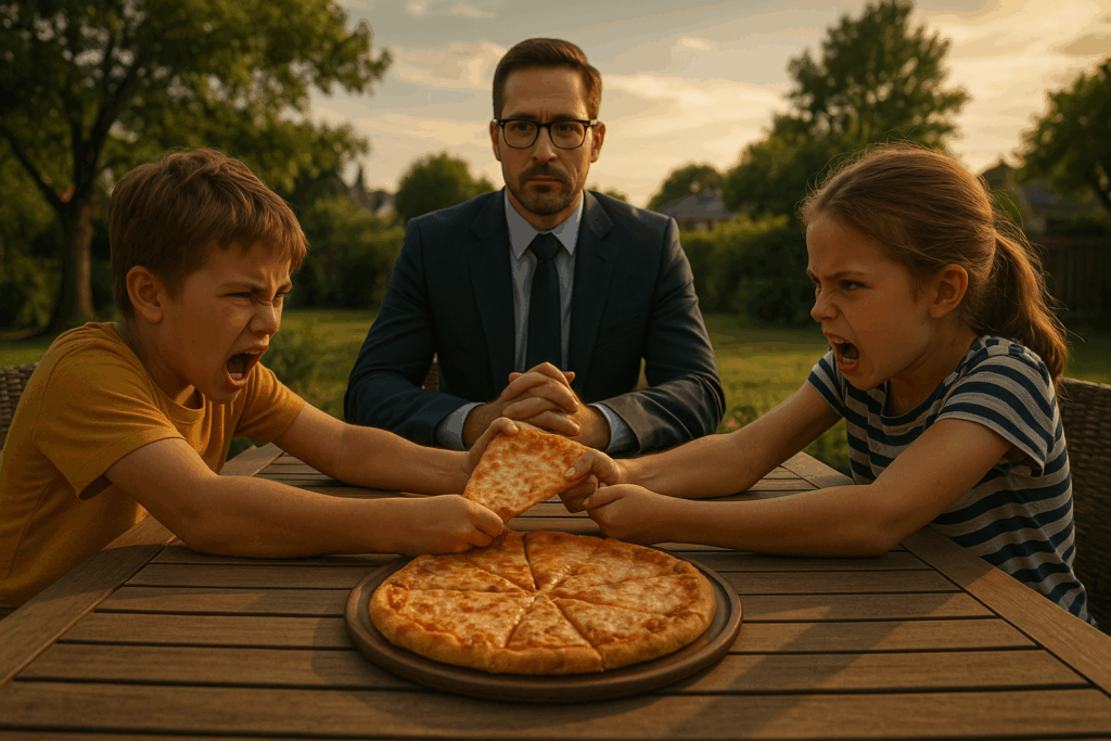 Photo-realistic wide-angle image of two kids fighting over a pizza slice with a serious man in a suit between them, symbolizing child custody disputes in Texas.